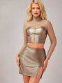 Mienne Mock Neck Mesh Panel Crop Top & Split Hem Skirt