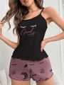 Eyelashes And Slogan Print Camisole Top And Shorts Pajama Set