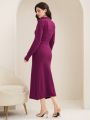 SHEIN Modely Women's Stand Collar Belted Long Sweater Dress