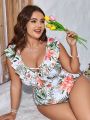 SHEIN Swim Vcay Plus Size One Piece Swimsuit With Random Tropical Print And Ruffle Trim