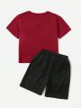SHEIN Kids EVRYDAY Young Boys' Casual Dinosaur Printed Short Sleeve T-Shirt And Drawstring Waist Shorts, 2pcs/Set