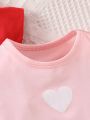 Baby Girls' Sweetheart Short-Sleeved T-Shirt Set For Summer In Pink And Red, 2pcs