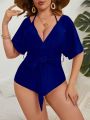 SHEIN Swim Classy Plus Plain Belted Halter One Piece Swimsuit