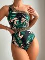 Women'S One Shoulder Sleeveless Tropical Printed One Piece Swimsuit