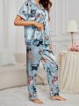 Women'S Dog Printed Satin Pajama Set