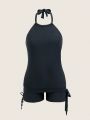 SHEIN Swim Classy Women'S Vest Strap Bikini, Wire-Free, Black, With A Bandage Right-Angle Pant