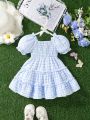 Comfortable, Lovely, Fashionable & Elegant Elasticized Puff Sleeve Shirred & Lace Patchwork Layered Dress For Baby Girls