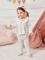 Baby Girls' Regular Fit Cute Floral Number Printed Lace Trimmed Collar Long Sleeve Top And Long Pants Set For Home Wear