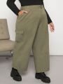 SHEIN CURVE+ Plus Size Wide Leg Denim Pants With Side Flap Pockets