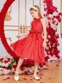 SHEIN Kids SUNSHNE Girls' Heart Print Belted Halter Neck Dress