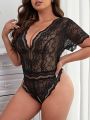 Plus Floral Lace Scallop Trim Plunging Neck Lace Teddy Bodysuit