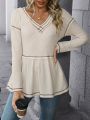 SHEIN LUNE V-Neck Cinching Waist Long Sleeve T-Shirt