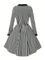 Plus Size Striped Button Front Long Sleeve Dress With Tie Collar