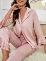 Flounce Sleeve Satin Pajama Set