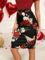 EMERY ROSE Valentine's Day Elegant Rose Print Bodycon Midi Skirt For Women