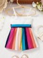 SHEIN Baby Girls' Casual Color Block Striped Belted Romper With Shoulder Straps