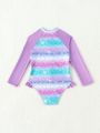 Young Girls' Cute Fish Scale Print Long Sleeve One-Piece Swimsuit With Front Zipper