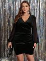 SHEIN Clasi Plus Contrast Mesh Lantern Sleeve Wrap Hem Velvet Bodycon Dress