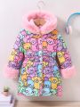 SHEIN Kids QTFun Young Girl Cartoon Graphic Fuzzy Trim Hooded Thermal Lined Winter Coat