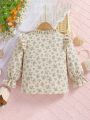 Young Girl Ditsy Floral Print Ruffle Trim Flare Sleeve Blouse