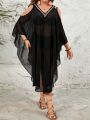 SHEIN Swim BohoFeel Plus Size Women'S Hollow Out Shoulder Batwing Sleeve Cover Up Dress