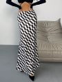 SHEIN Privé Women'S Black And White Geometric Printed Skirt