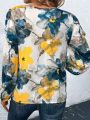 SHEIN LUNE Plus Size Floral Printed Notched Collar Long Sleeve Shirt