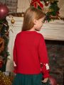 Little Girls' Christmas Pattern Bow Decorated Round Neck Sweater