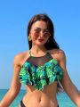 SHEIN Swim Vcay Women'S Tropical Plant Print Halter Bikini Top