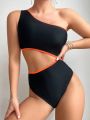 SHEIN Swim Basics Women'S Oblique Shoulder One-Piece Swimsuit