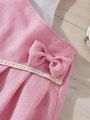 SHEIN Kids FANZEY Tween Girls' Ladylike Multi-Layered Ruffle Trim Blouse And Bowknot Decorated Skirt Set