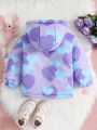 Girls' Cute Green & Purple Heart Patterned Coat, Winter