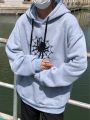 Men Spider Web Print Kangaroo Pocket Drawstring Hoodie