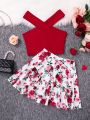 SHEIN Teen Girls' Knit Solid Color Crossed Off Shoulder T-shirt With Floral Print Skirt 2pcs/set