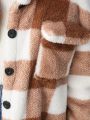 SHEIN Tween Girl Buffalo Plaid Print Drop Shoulder Flap Pocket Teddy Coat