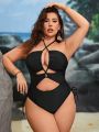 SHEIN Swim SXY Plus Cut Out Crisscross Tie Backless Halter One Piece Swimsuit