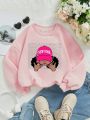 Girls' Casual Long Sleeve Fleece-lined Round Neck Sweatshirt With Letter And Girl Print For Autumn, Winter