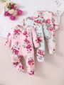 SHEIN 3pcs Baby Girls' Floral Print Footed Romper With Y-shaped Zipper