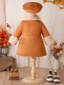 Infant Girls' Elegant Vintage Fur Collar Sweater Dress With Beret Hat, Autumn And Winter