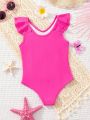 SHEIN Young Girl Casual Knitted Solid Color One Piece Swimsuit With V-Neck Design