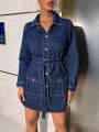 SHEIN BAE Button-front Denim Dress With Belt And Flap Pocket