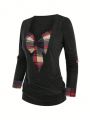 Women's Plus Size Plaid & Floral Printed Roll Sleeve T-shirt