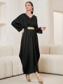 SHEIN Najma Women's Vintage Black Rhinestone Belted Long Shirt