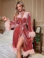 Fuzzy Trim Belted Velvet Robe