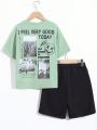 SHEIN Kids SUNSHNE Boys' Scenery & Slogan Printed Short Sleeve T-shirt With Round Neckline And Solid Color Shorts Set