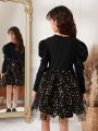 SHEIN Tween Girl Star Sequins Gigot Sleeve Mesh Hem Dress