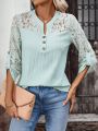 Women'S Lace Splice Notched Collar Blouse With Flounce Sleeve