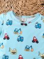 2pcs/Set Baby Boys' Car Printed Short Sleeve Shirt And Shorts Outfits