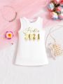 SHEIN Baby Girls And Children's Casual Daily Versatile Basic Base Fun Number Pattern Dress Suitable For The New Year