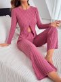 Ladies' Pure Color Ribbed Knitted Home Wear Set